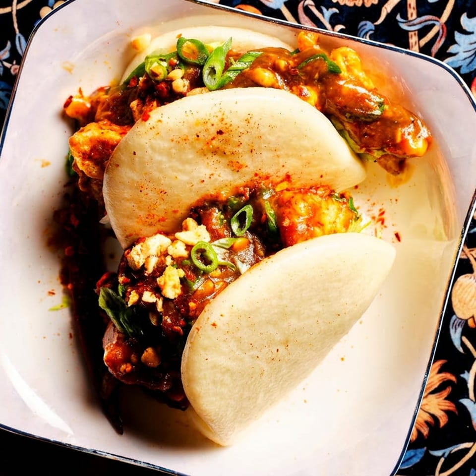 Two bao buns filled with saucy meat, peanuts, and green onions on a white plate.