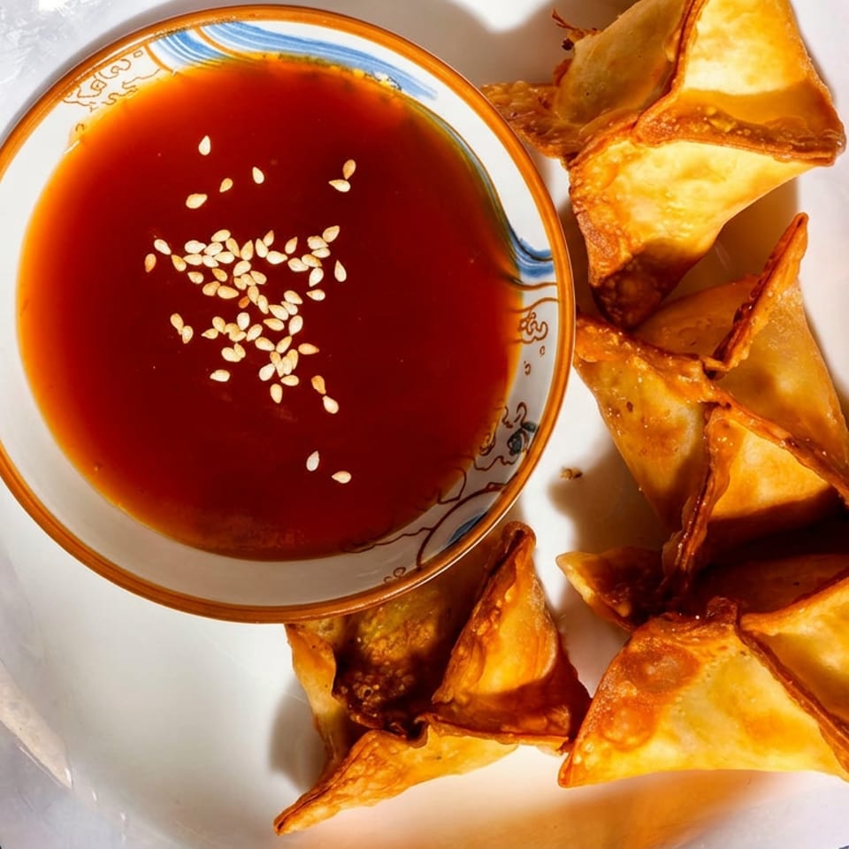 Crispy golden wontons on a white plate with a bowl of red dipping sauce topped with sesame seeds.