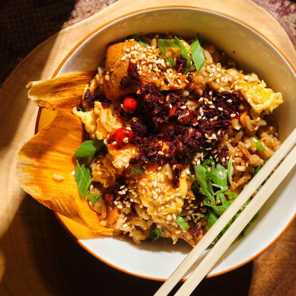 A bowl of fried rice with chili oil, sesame seeds, and green onions, with chopsticks.