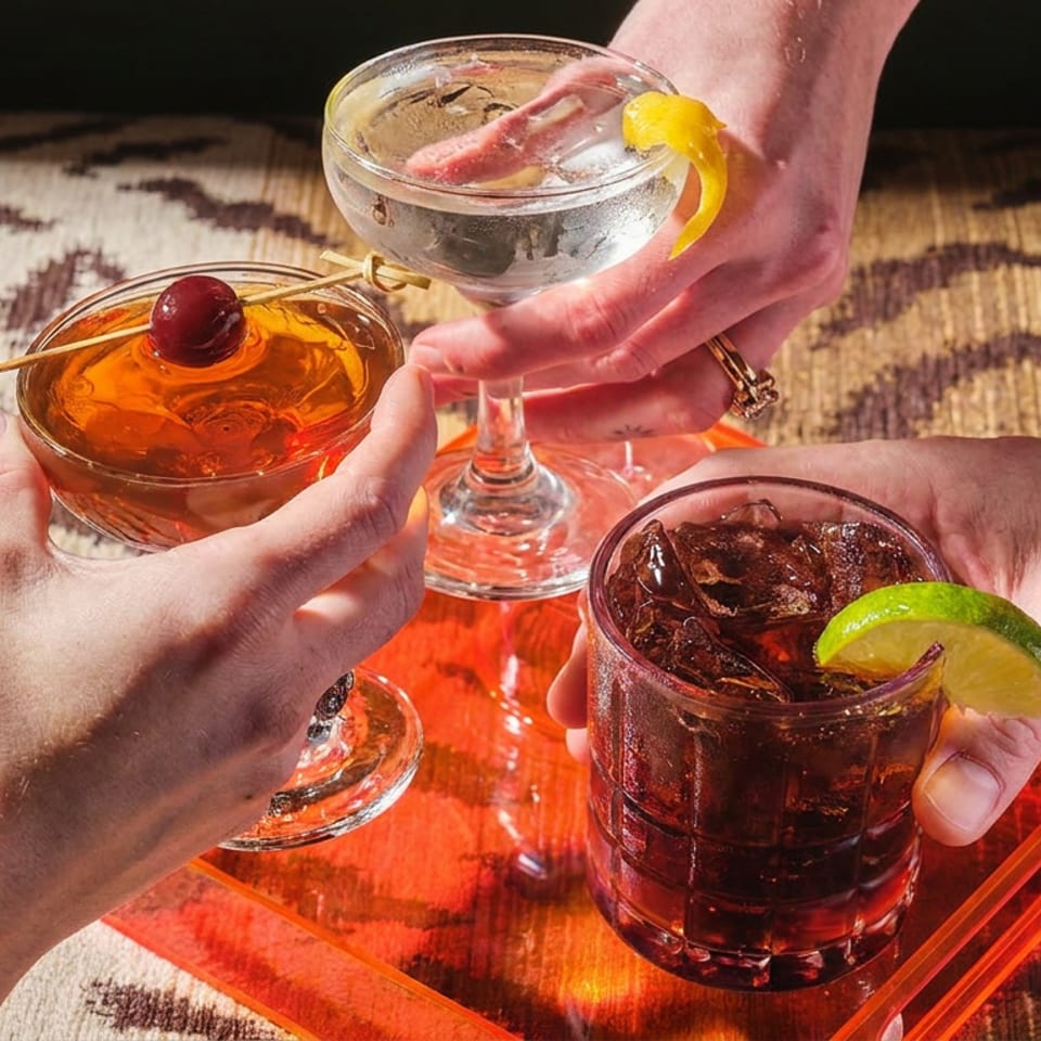 Three hands holding cocktails: an Old Fashioned, a martini, and a rum and coke.