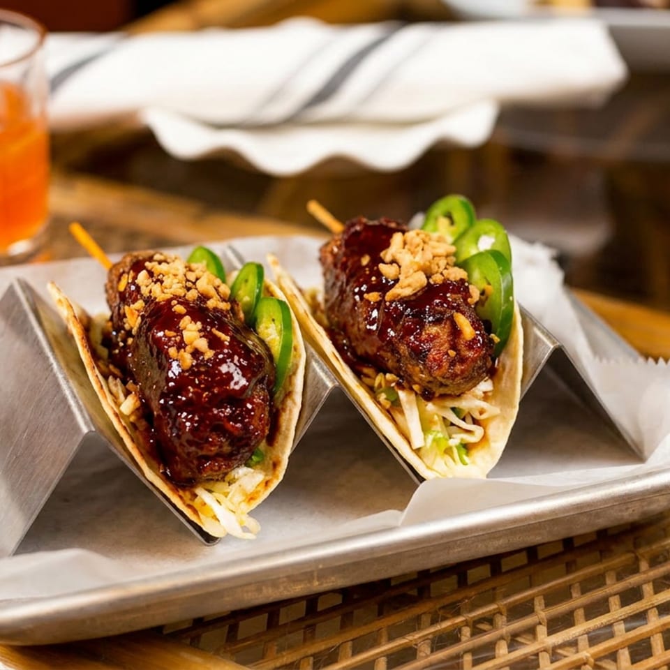 Two tacos with glazed meat, peanuts, and jalapeños on a metal tray with a drink.