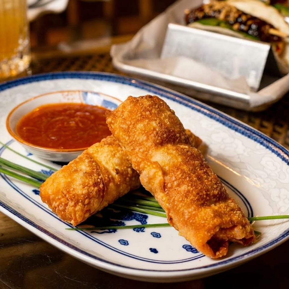 Two crispy golden egg rolls with chives and dipping sauce on a patterned plate.